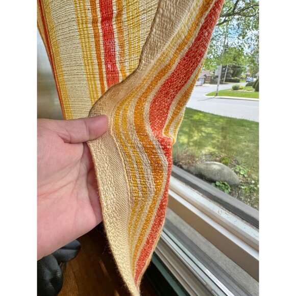 Vintage 1970s curtain, beige, yellow orange stripes, rod header - Picture 3 of 10